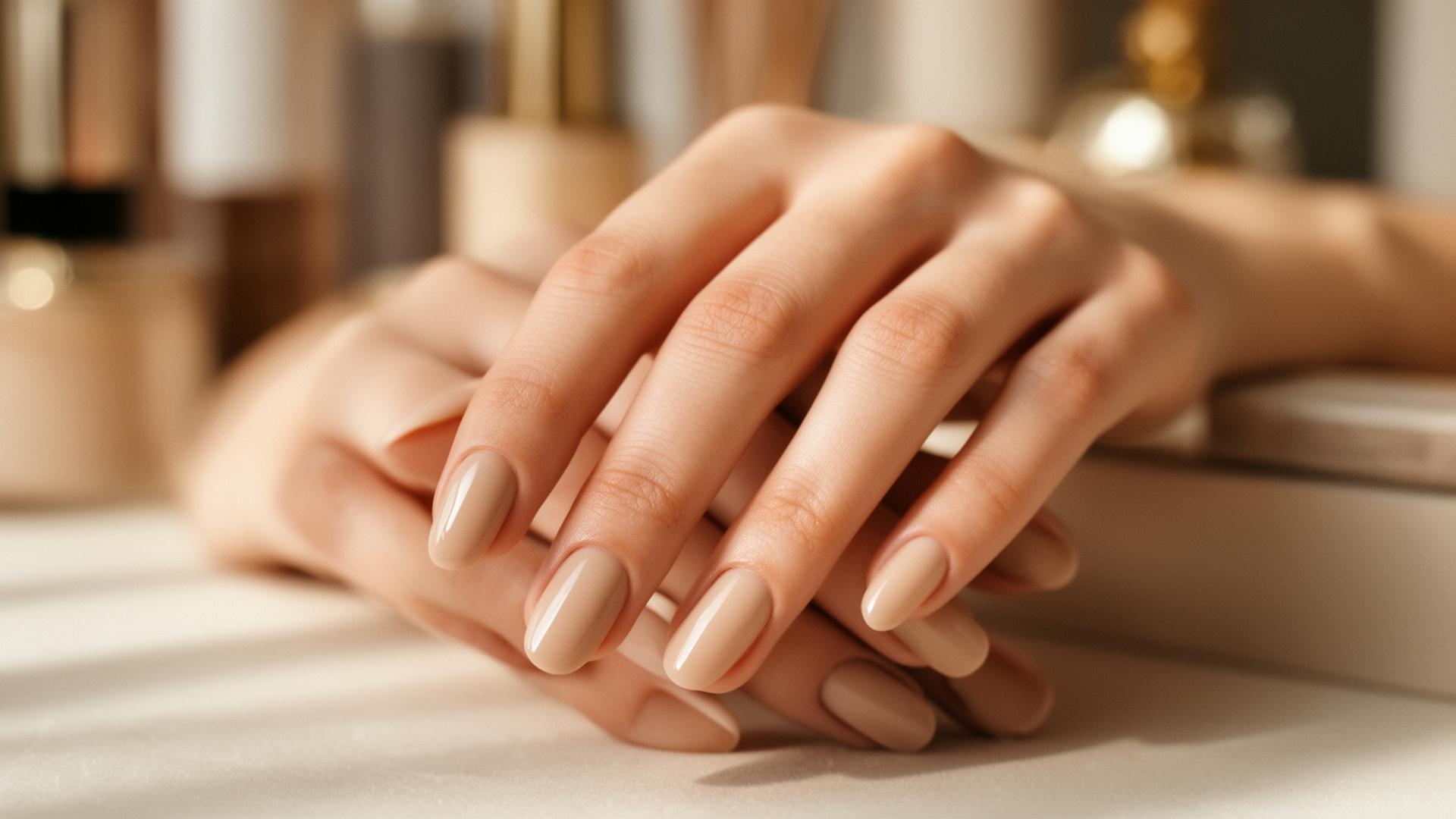 Editorial close-up of polished nude manicure